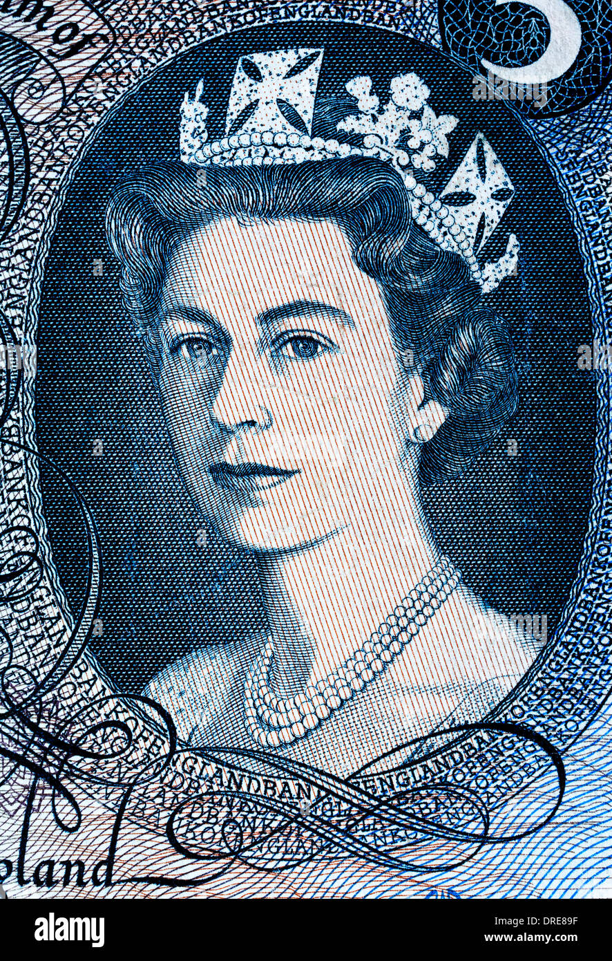 Portrait of Queen Elizabeth II from 5 Pounds banknote, UK, 1963 Stock Photo