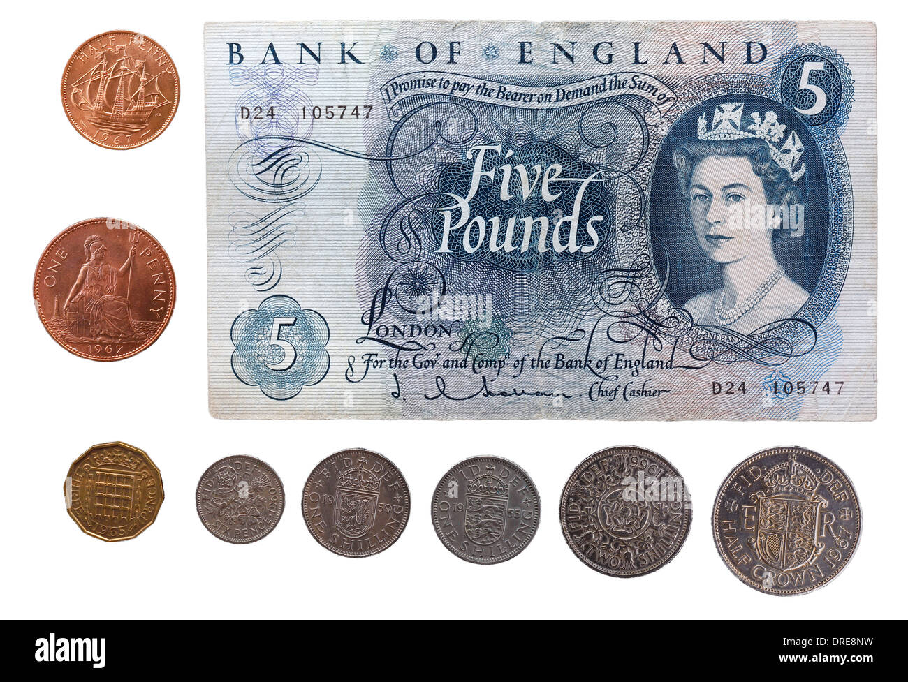Pre decimal 5 Pounds banknote, Queen Elizabeth II, UK, 1963 and coins Stock Photo