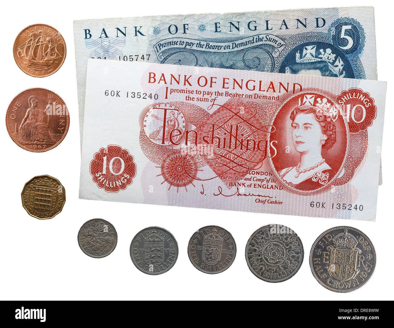 Pre decimal 10 Shillings and 5 Pounds banknotes and coins, UK, 1960s Stock Photo