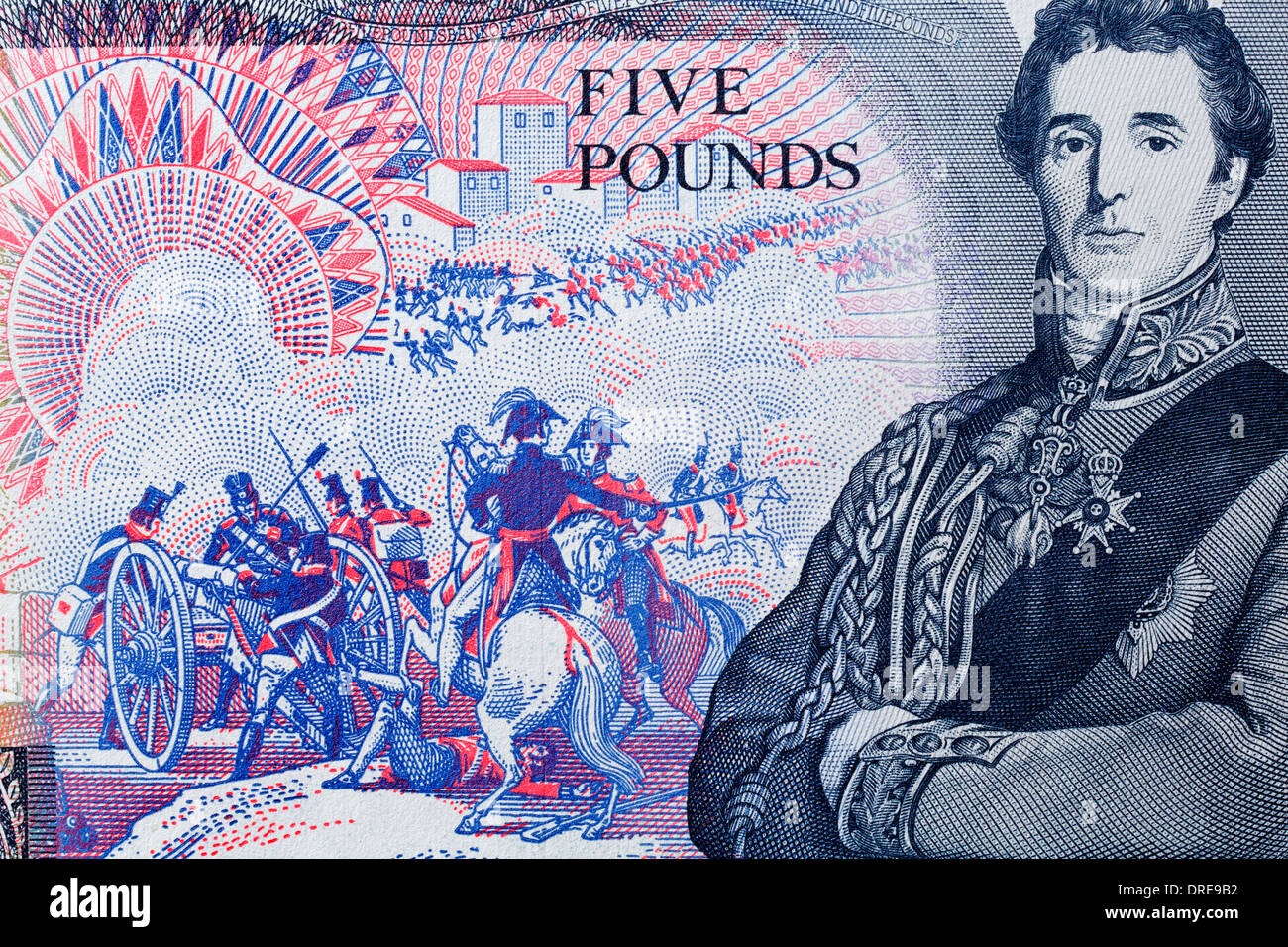 Duke of Wellington and battle scene from 5 Pounds banknote, UK, 1988 Stock Photo