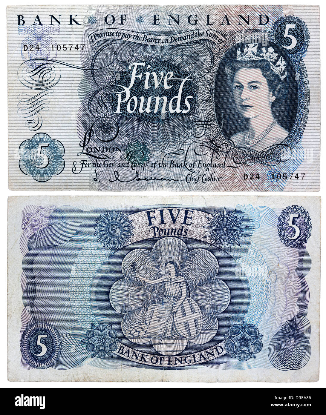 5 Pounds banknote, Queen Elizabeth II and Seated Britannia, UK, 1963 Stock Photo