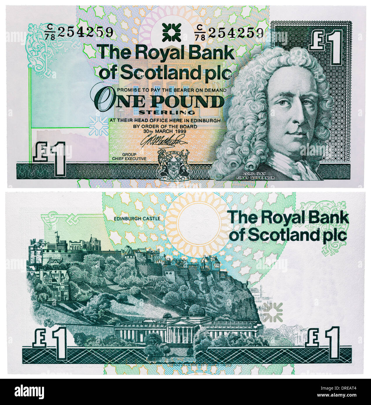 1 Pound banknote, Lord Ilay and Edinburgh Castle, Scotland, 1999 Stock Photo