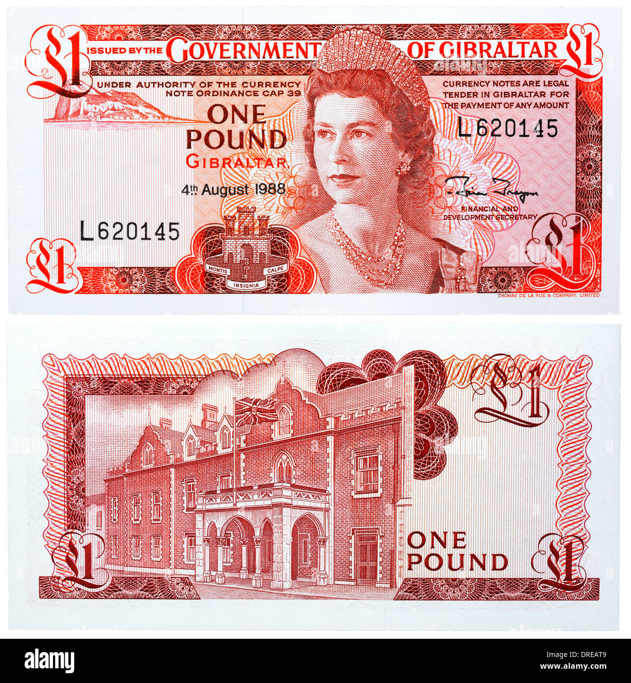 1 Pound banknote, Queen Elizabeth II and Covenant of Gibraltar, Gibraltar, 1988 Stock Photo