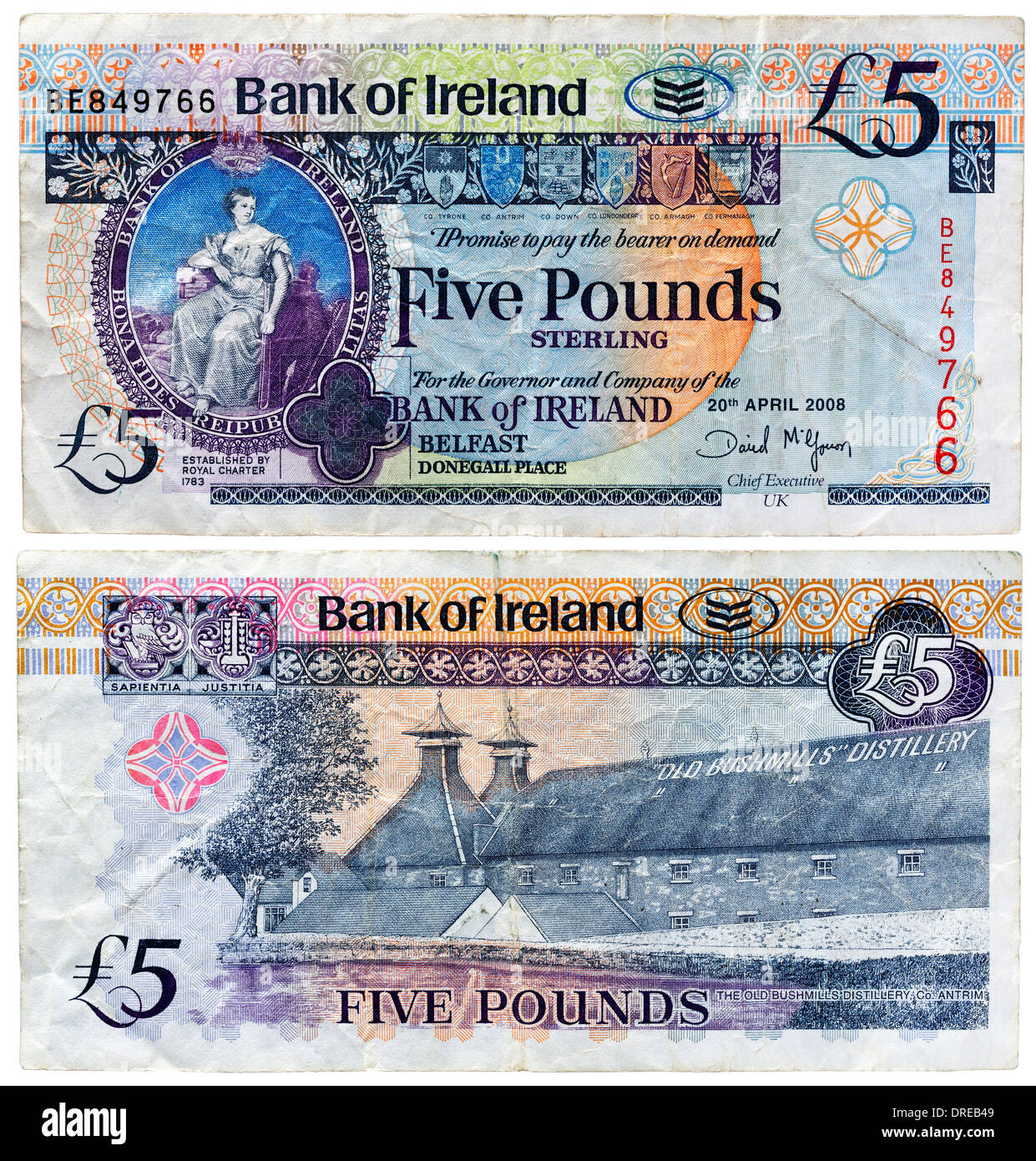 5 Pounds banknote, Hibernia seated and Old Bushmills Distillery
