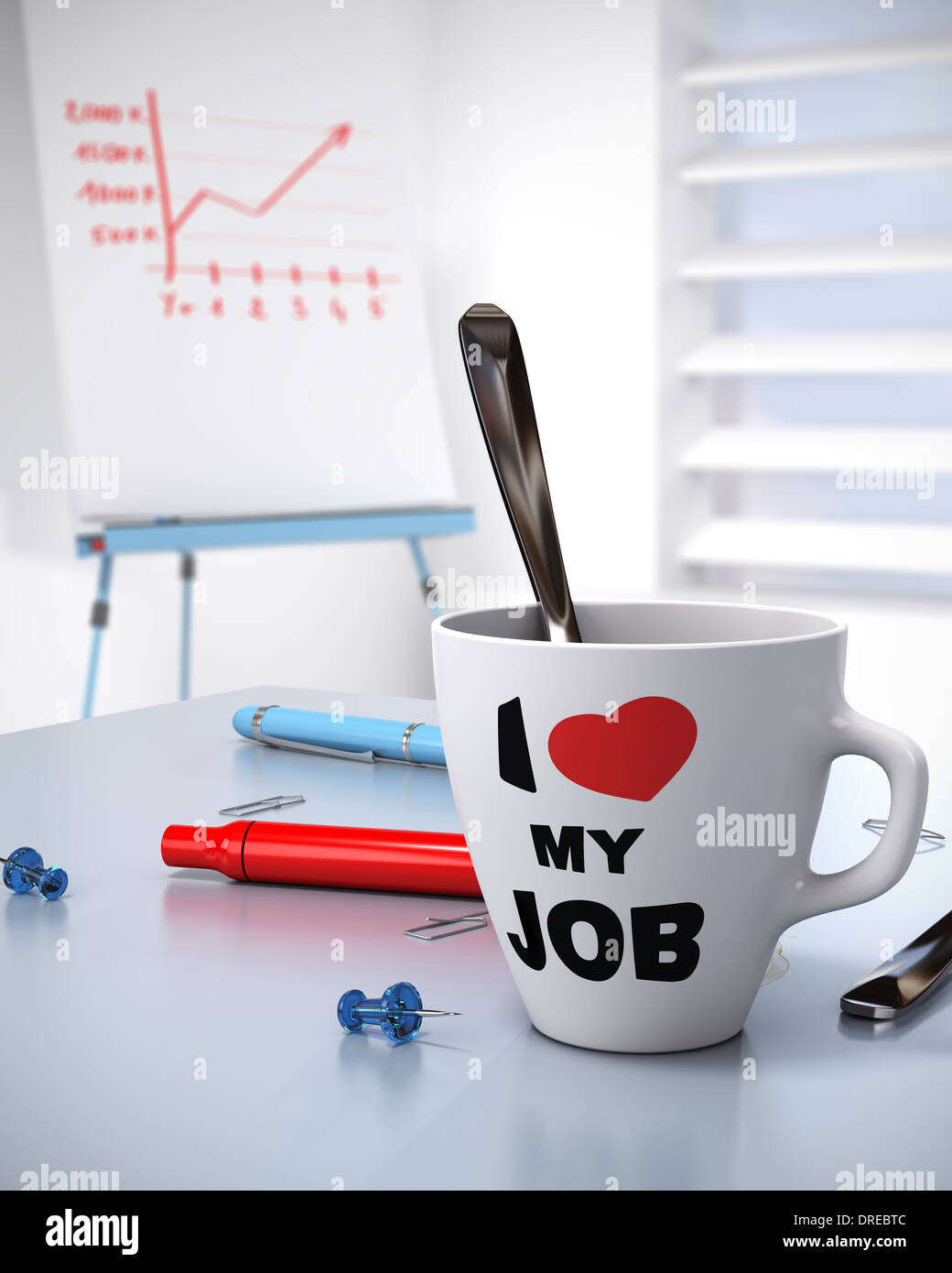 close up of a mug where it is written I love my Job and a flipchart with a growing chart. Concept fot Bussiness performance Stock Photo