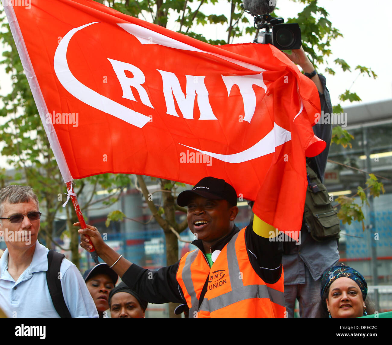 A demonstration by RMT Union tube-cleaners outside Stratford train station beside The Olympic Park London, England - 27.07.12 Stock Photo