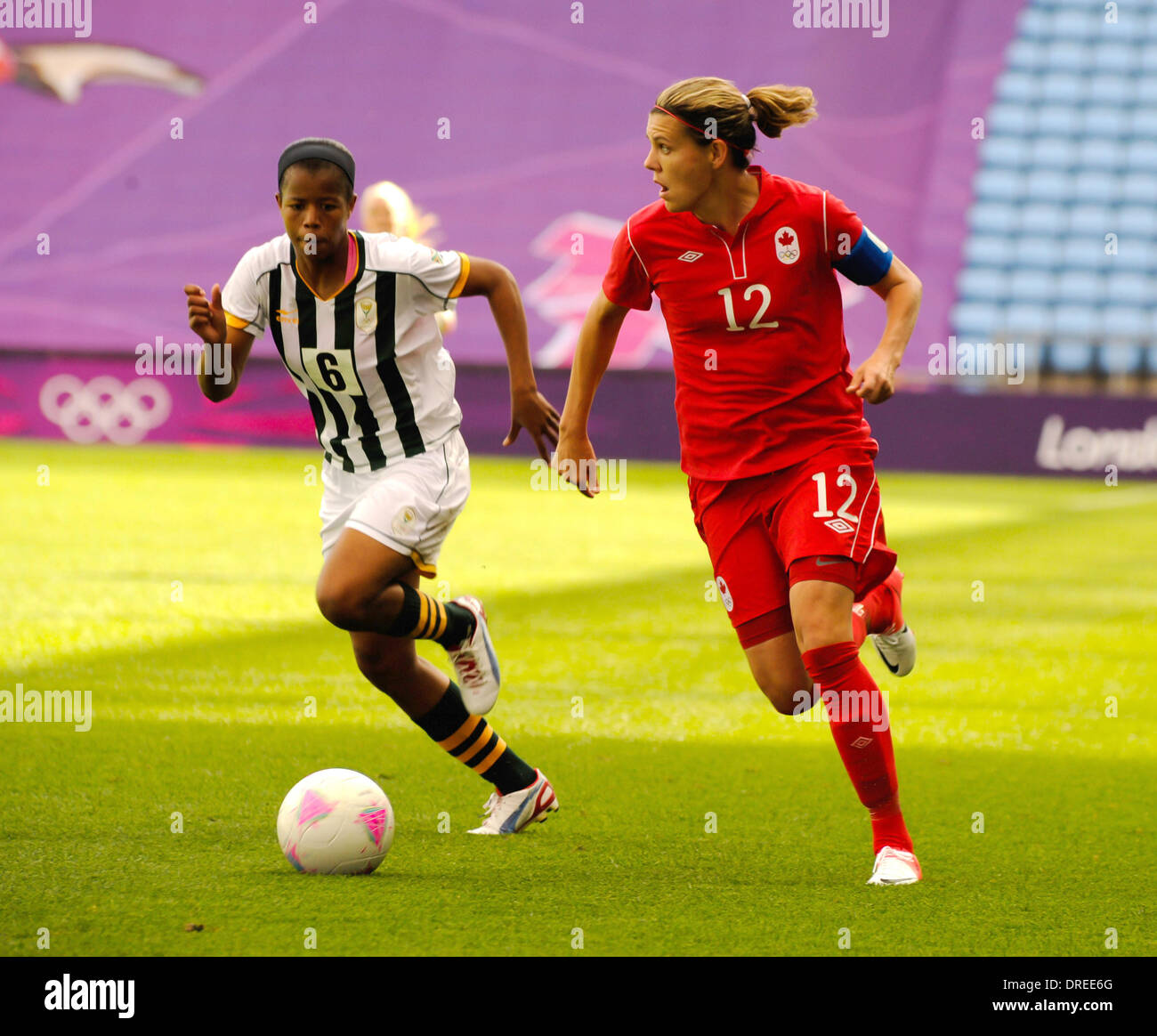 Zamandosi Cele and Christine Sinclair London 2012 Olympic Games - Women's Football - South Africa vs. Canada at the City of Coventry Stadium Coventry, England - 28.07.12 Stock Photo