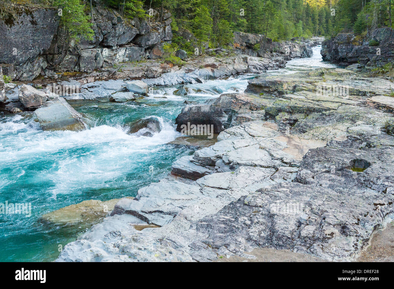 McDonald Creek, seen from 'Going-to-the-Sun' Road (built 1921-1932), Glacier National Park, Montana, USA. Stock Photo