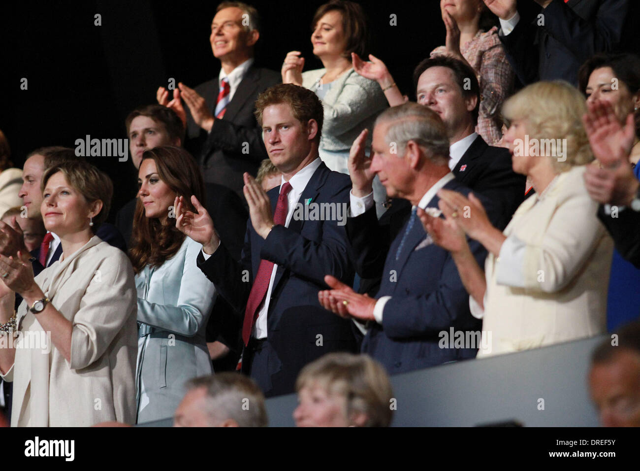 Catherine, Duchess of Cambridge, Prince Harry, Prince Charles, Prince of Wales and Duchess of Cornwall,  during the opening ceremony of the London 2012 Olympic Games at the Olympic stadium London, England - 27.07.12 Stock Photo