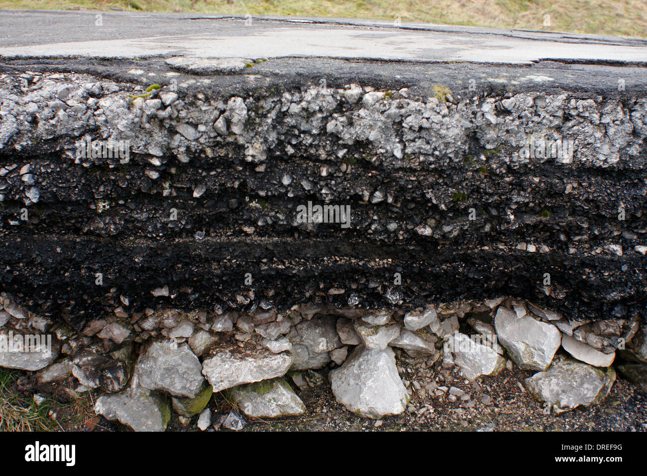 Detail of  damaged road subsequent to landslide on Mam Tor, Castleton, Peak District, Derbyshire, UK Stock Photo