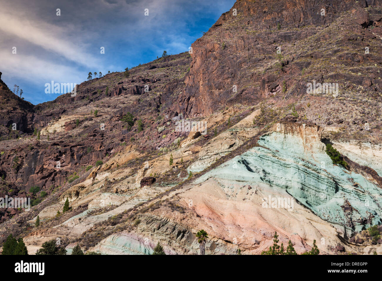 Colour-banded, hydrothermally altered volcanic rocks at Los Azulejos, Mogan, Gran Canaria, Canary Islands Stock Photo