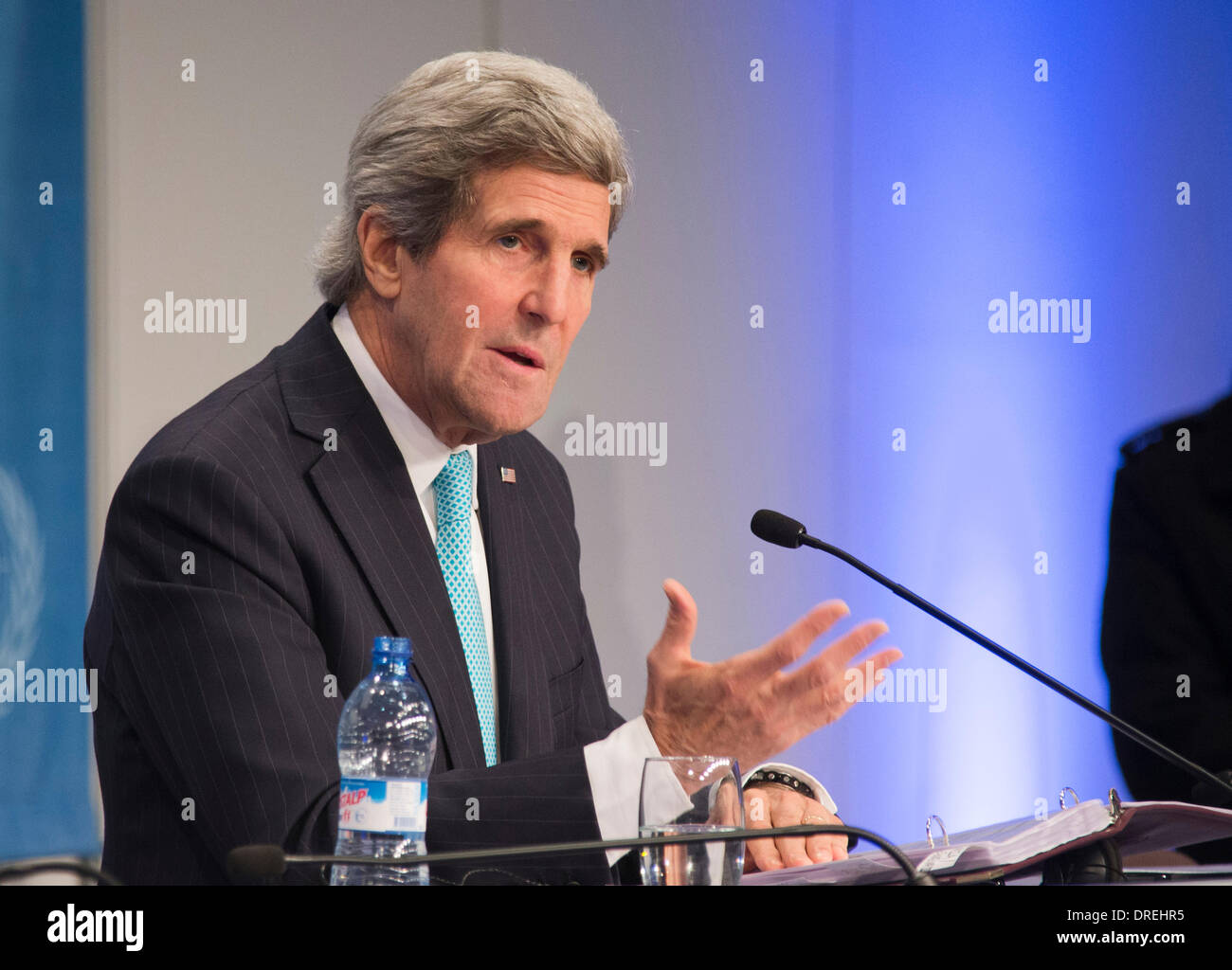 US Secretary of State John Kerry addresses reporters at the close of the Geneva II conference on Syria January 22, 2014 in Montreux, Switzerland. Stock Photo