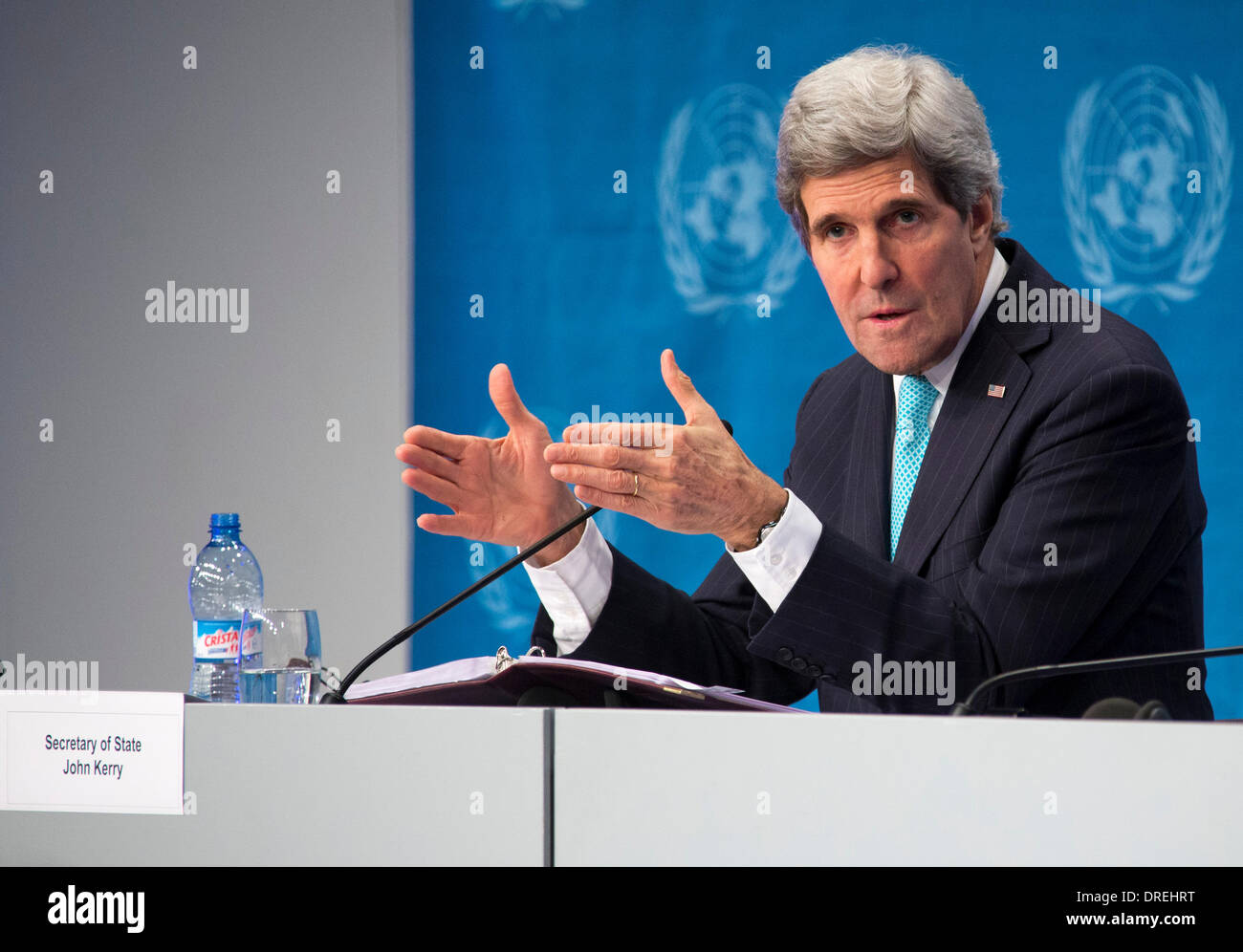 US Secretary of State John Kerry addresses reporters at the close of the Geneva II conference on Syria January 22, 2014 in Montreux, Switzerland. Stock Photo