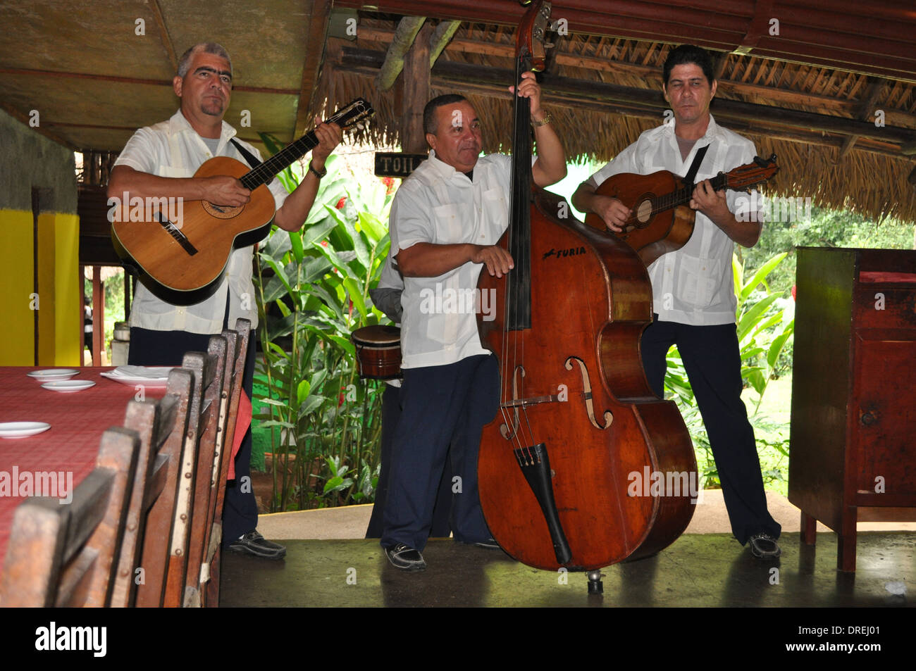 Havana, Cuba: Cuban band playing in a restaurant near Vijales. Stock Photo