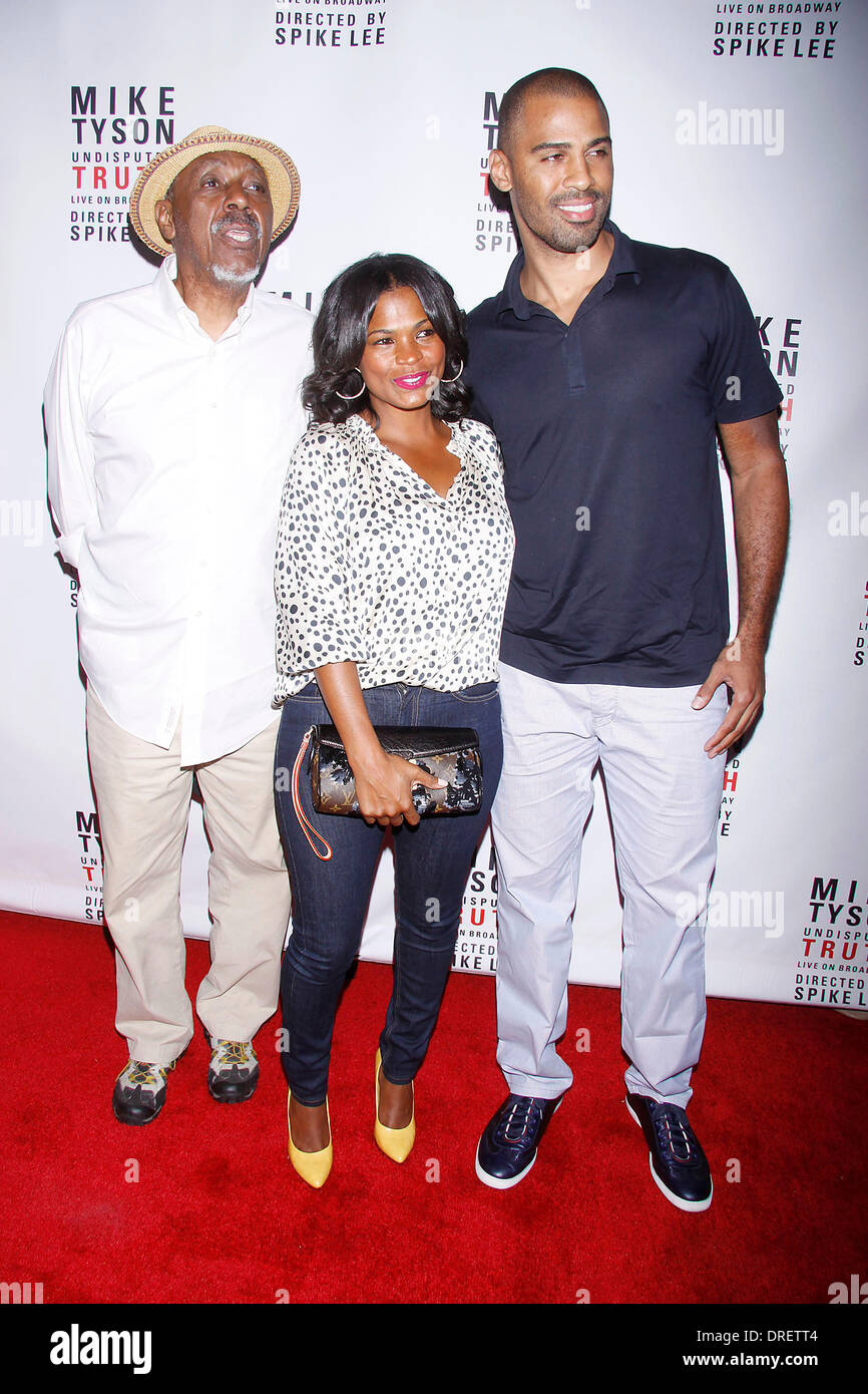 Nia Long with her dad Doughtry 'Doc' Long and her man Ime Udoka Broadway opening night of ‘Mike Tyson: Undisputed Truth’ at the Longacre Theatre – Arrivals. New York City, USA – 02.08.12 Stock Photo