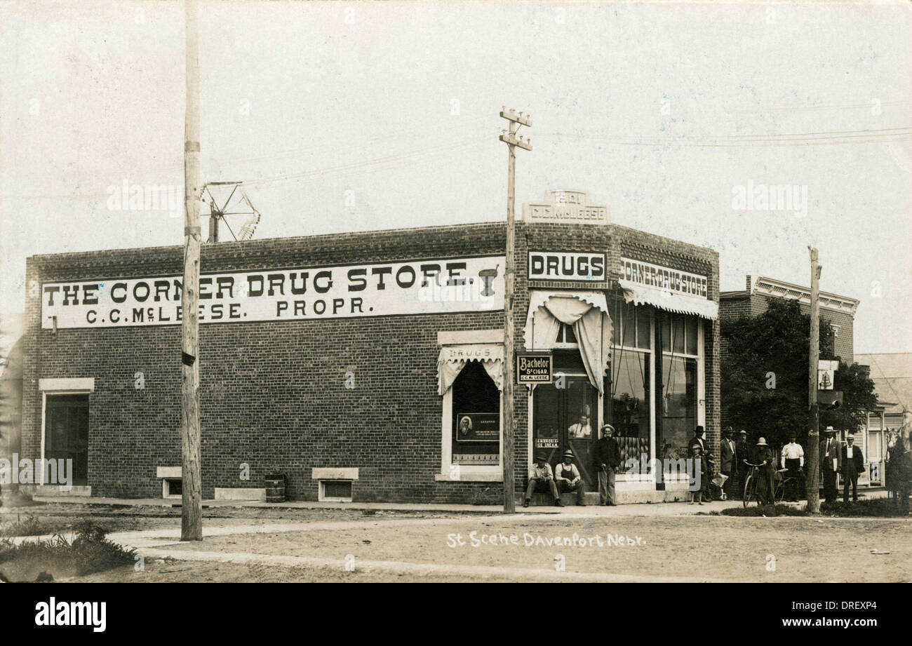 A corner shop drug store (pharmacy), Davenport, Nebraska Stock Photo