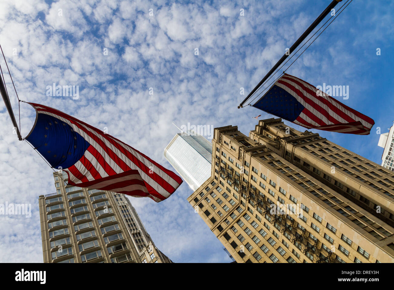 looking up at USA flags Stock Photo