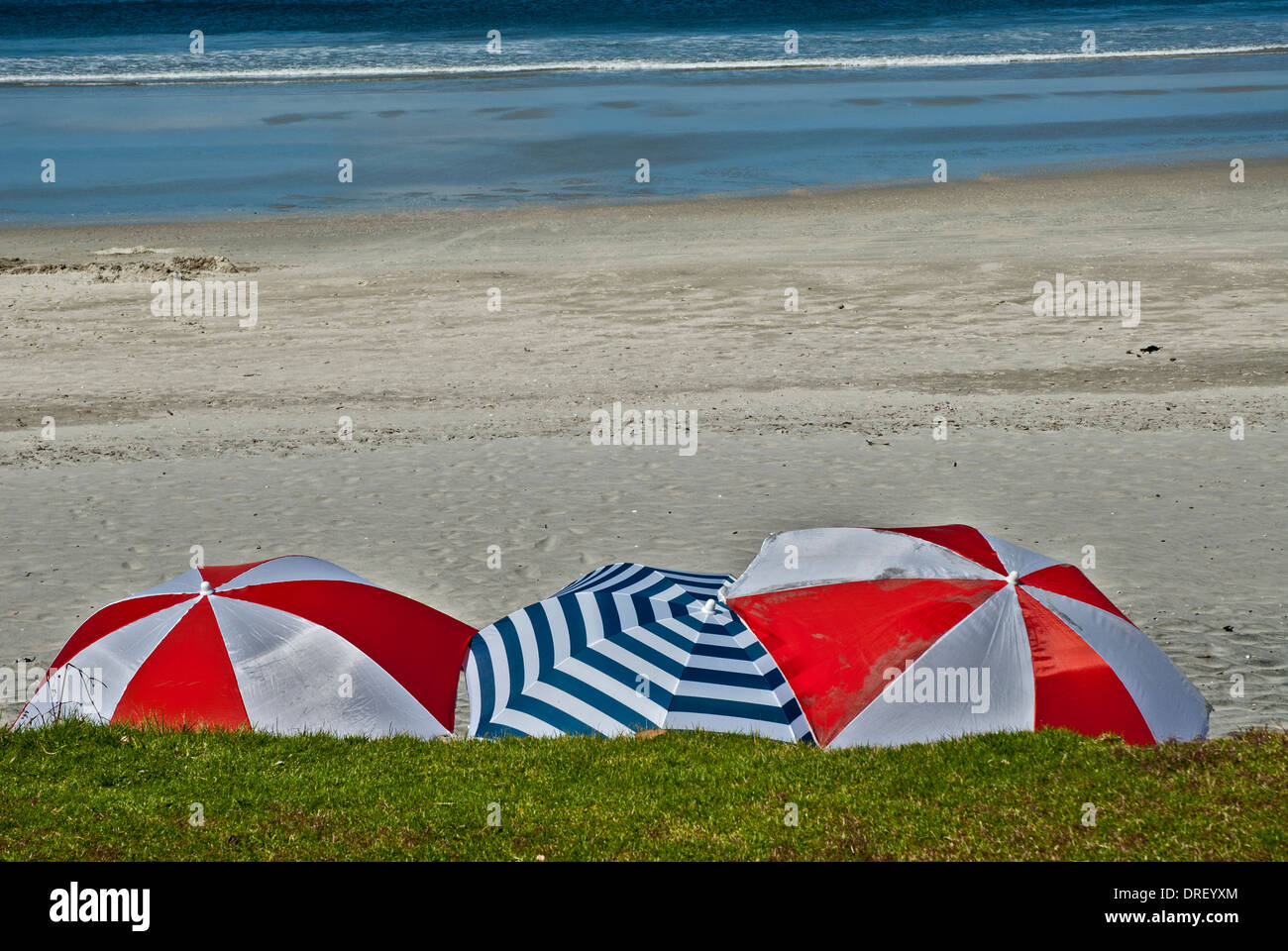 Three brightly coloured umbrellas/sunshades on Browns Beach with sand and sea beyond.n Stock Photo