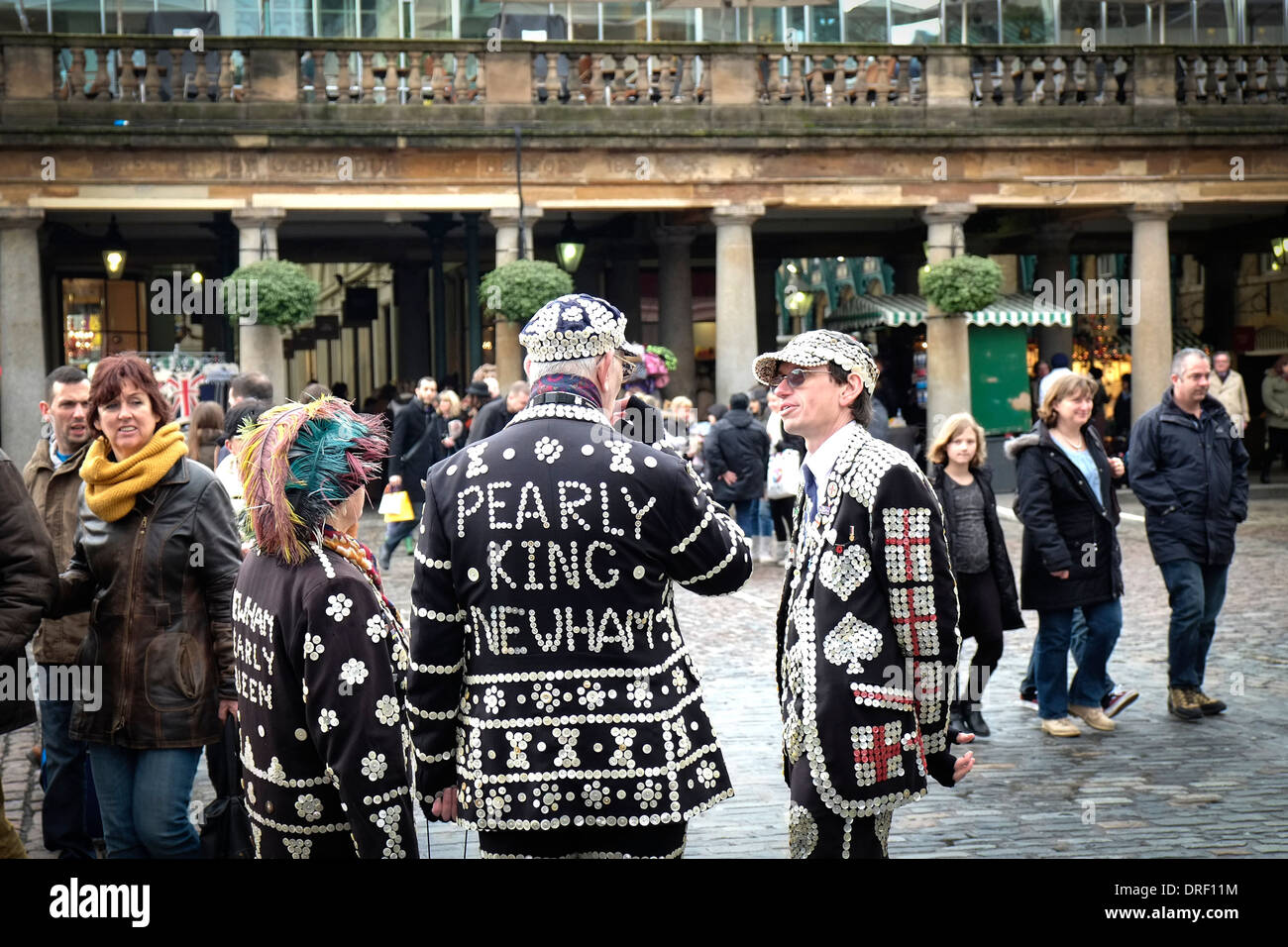 Pearly Kings and Queens collecting for charity in Covent Garden. Stock Photo