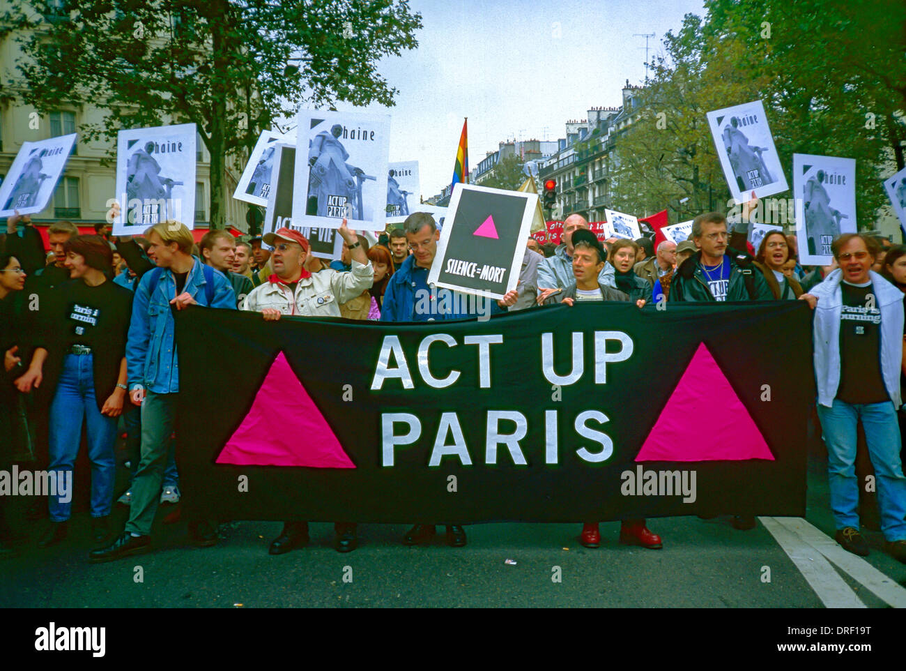 Paris, France, Gay AIDS Militants of ACT UP Demonstrators protesting with other groups at Demonstration Against Pope Visit to City, act up protest silence death, aids 1990s Stock Photo