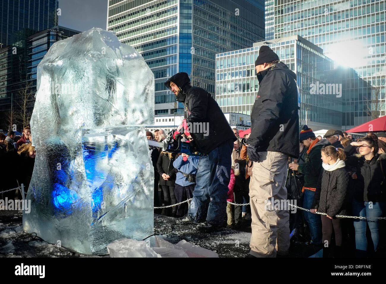 Bruno Fleurit from the the Spanish team working to create their sculpture as part of the 2014 London Ice Sculpting Festival. Stock Photo