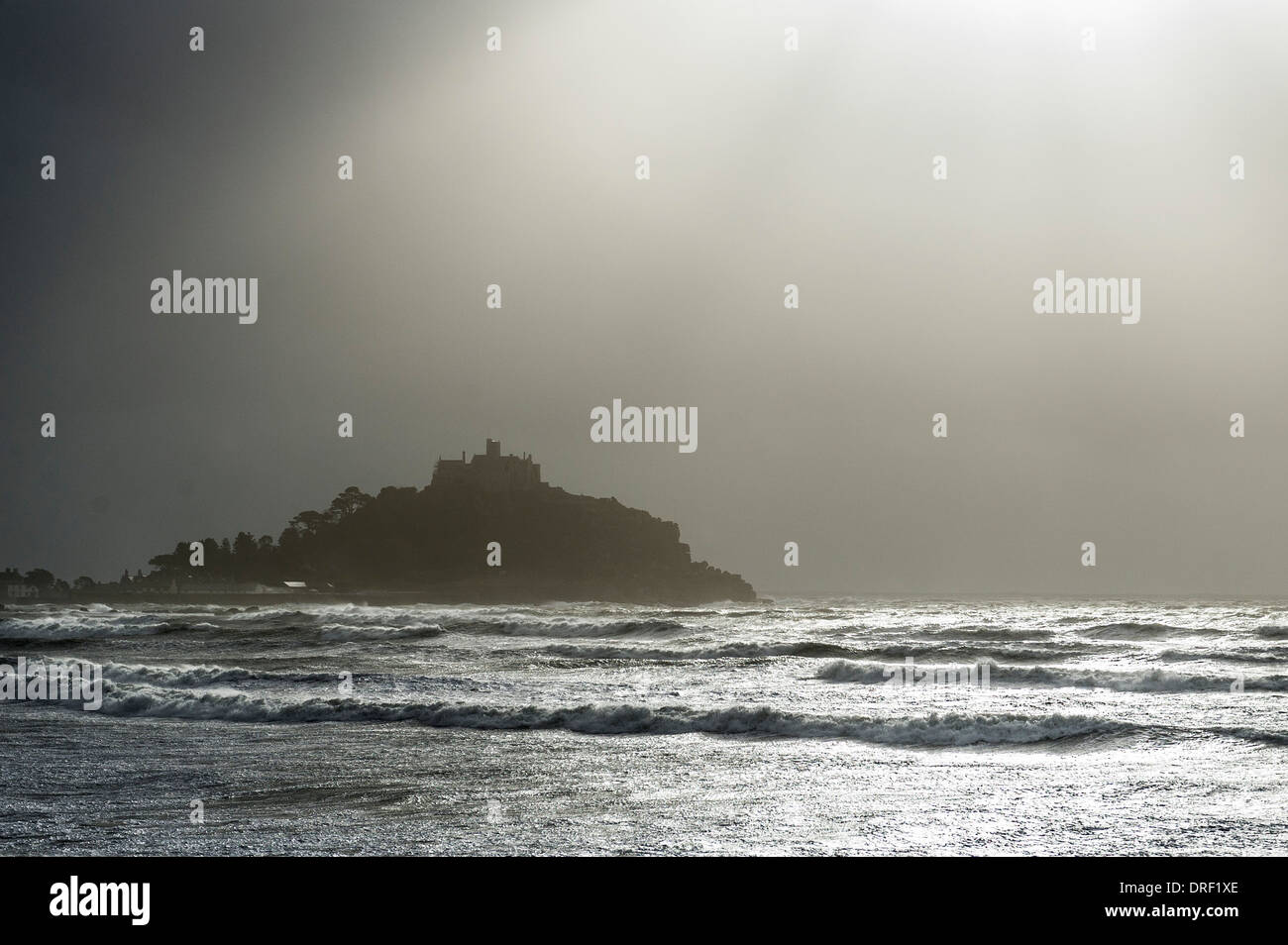 Storm clouds gathering over St Michaels mount in Cornwall, England. UK weather. Stock Photo