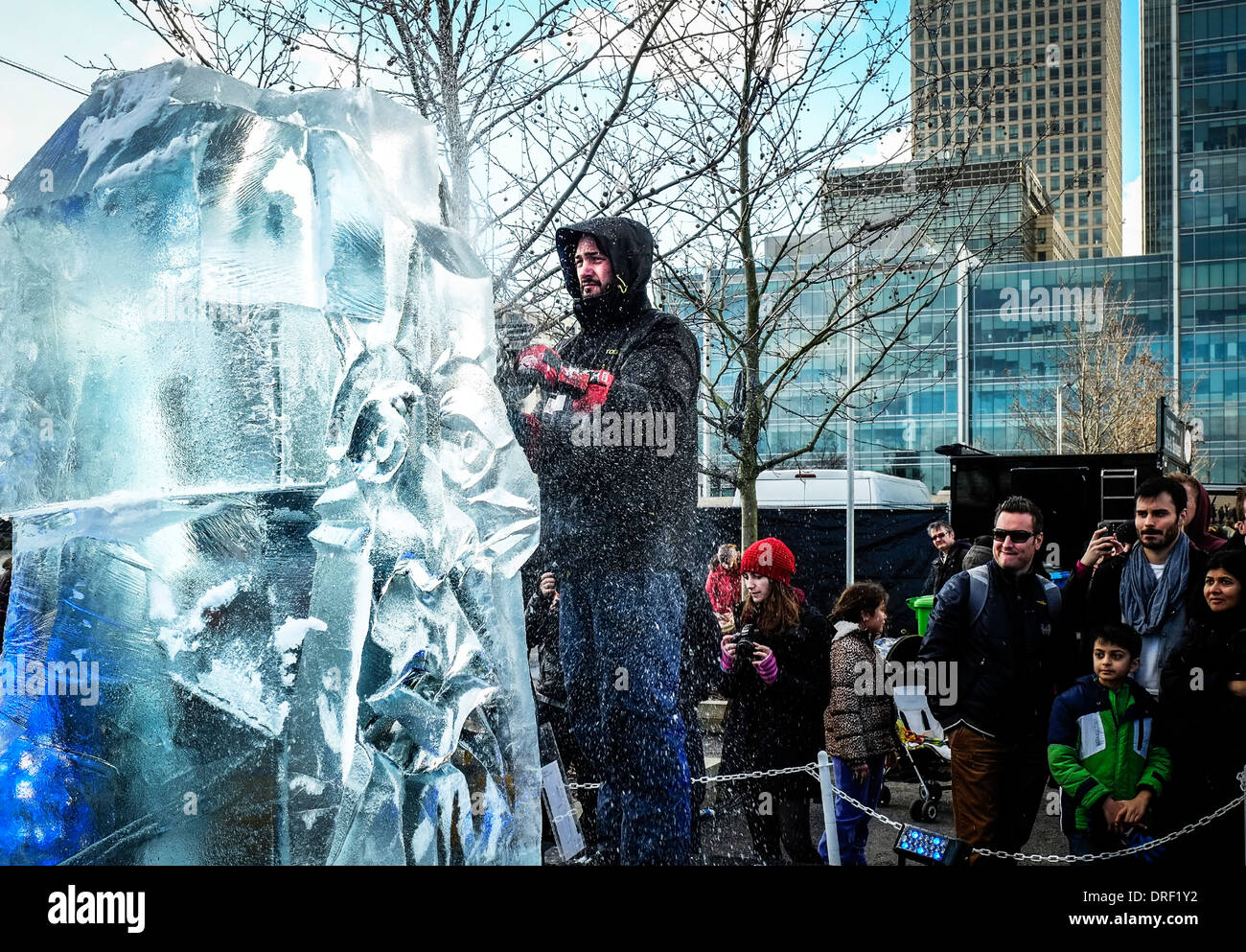 Bruno Fleurit from the the Spanish team working to create their ice sculpture as part of the London Ice Sculpting Festival. Stock Photo