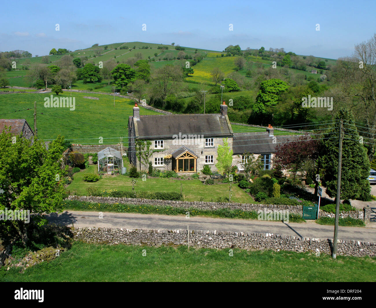 elevated photograph of a large Derbyshire cottage Stock Photo