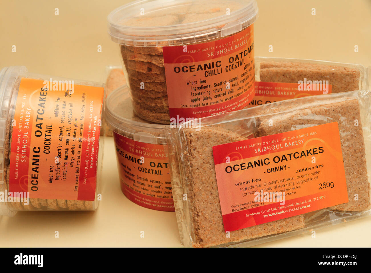 Tubs and packets of Ocean Oatcakes, natural biscuits made with seawater, from the Shetland Islands, UK Stock Photo