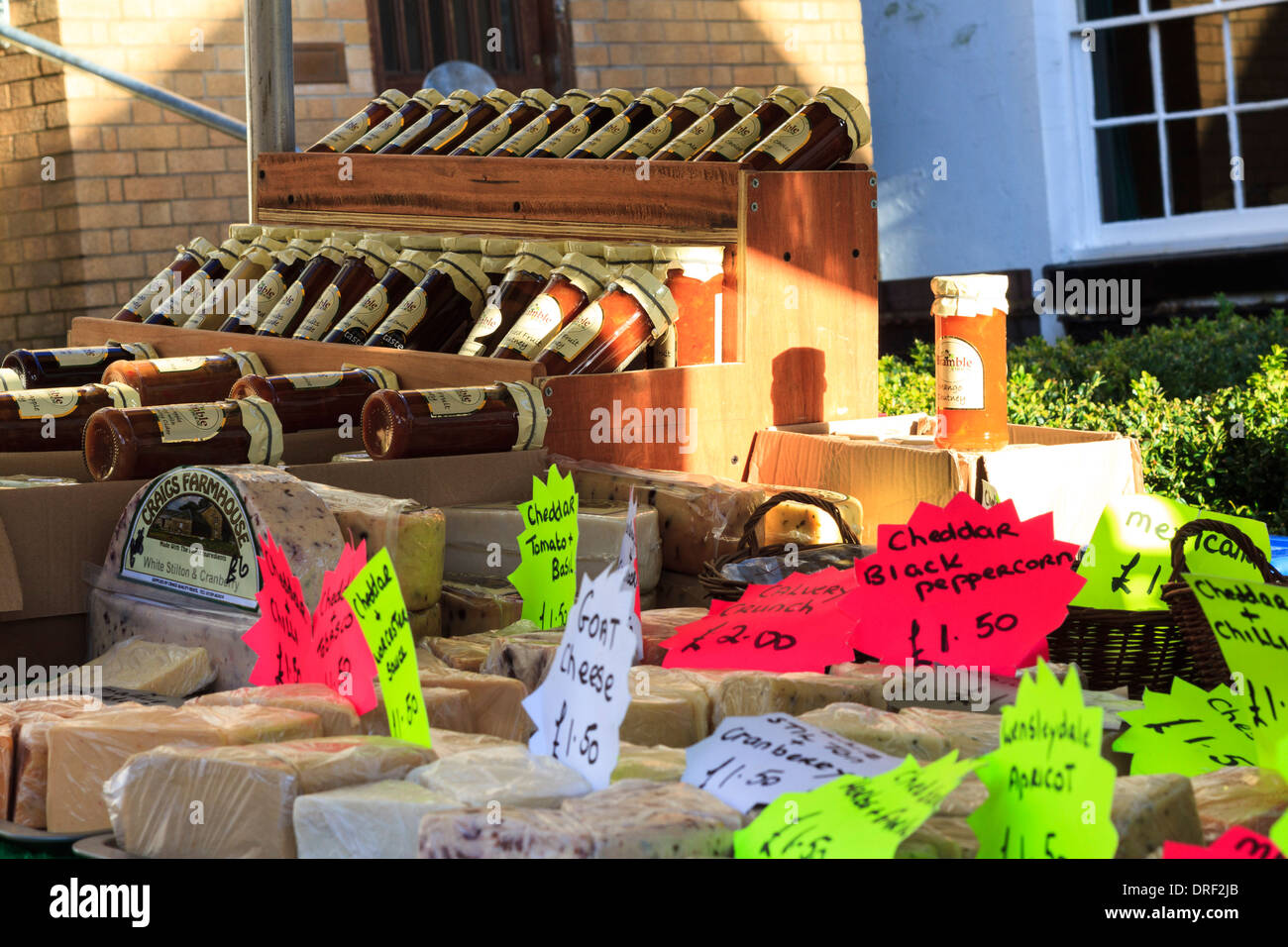 Cheese and pickles for sale at a market stall in Oswestry, Shropshire