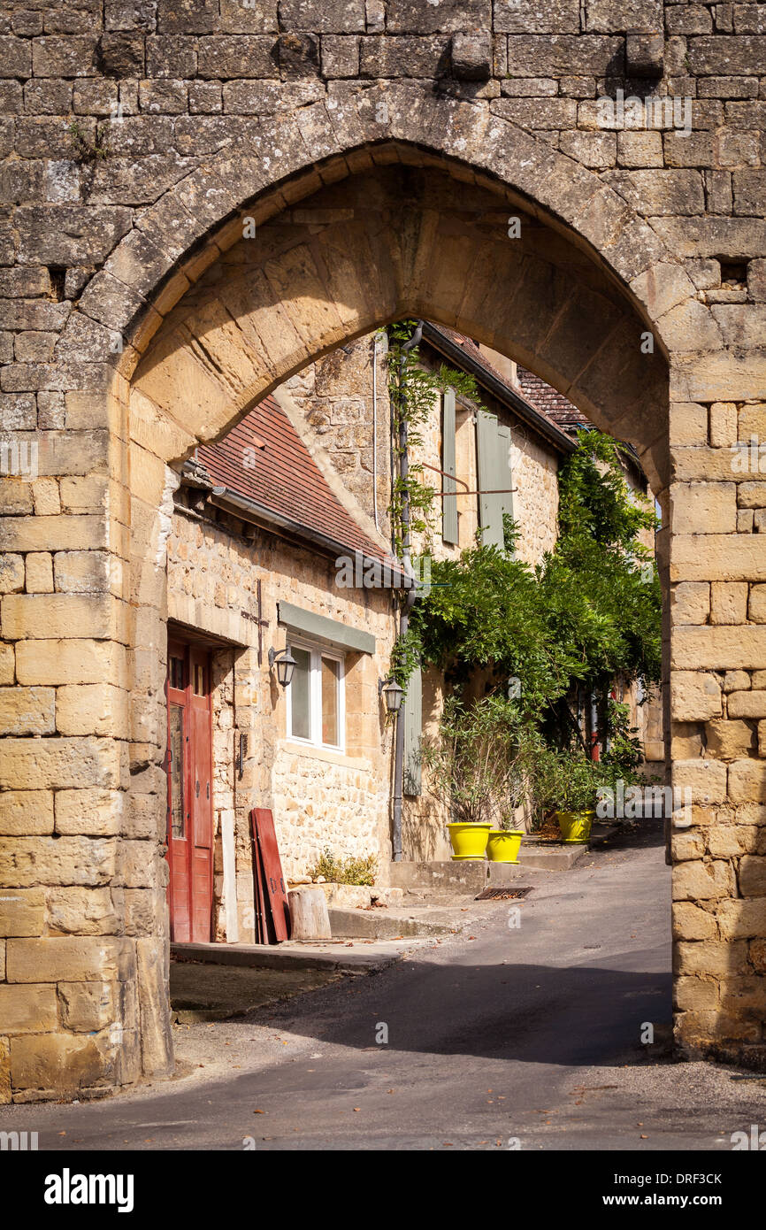 Domme, Dordogne, France, Europe. Porte del Bos, old stone town wall and