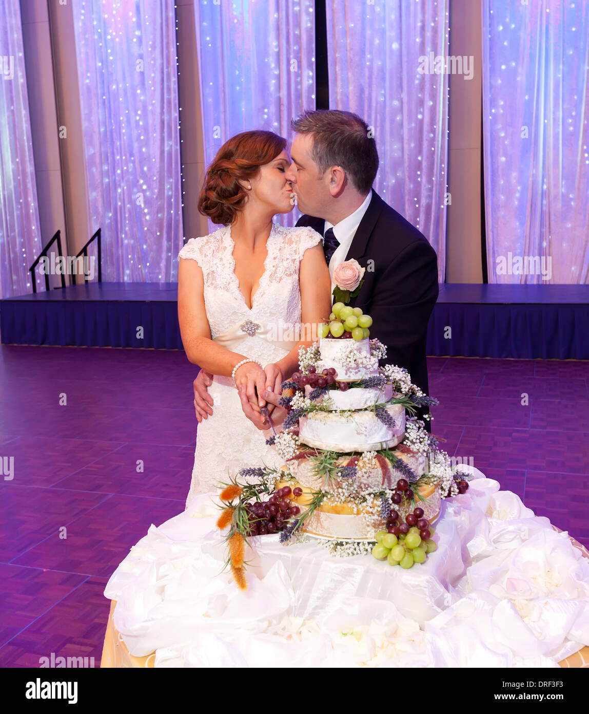 couple cutting the cake at the reception Stock Photo