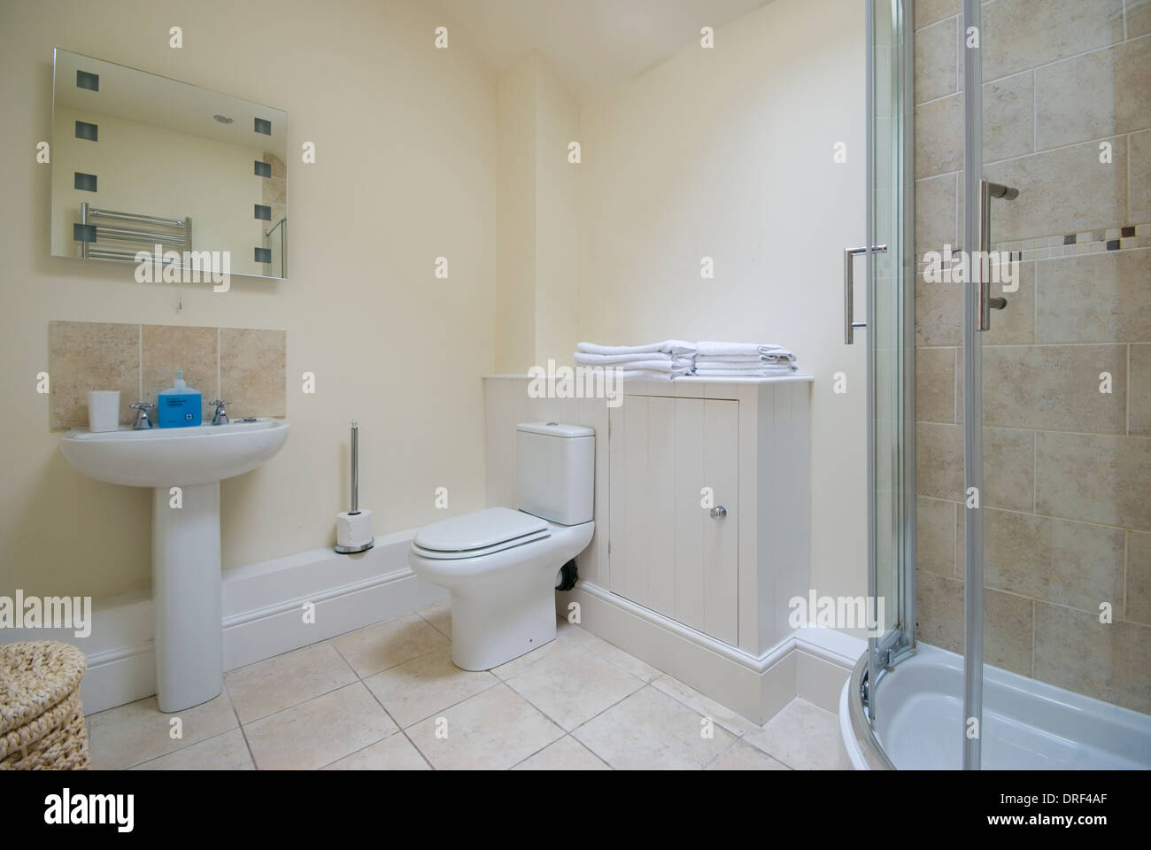Bathroom with sink, toilet and shower enclosure Stock Photo - Alamy
