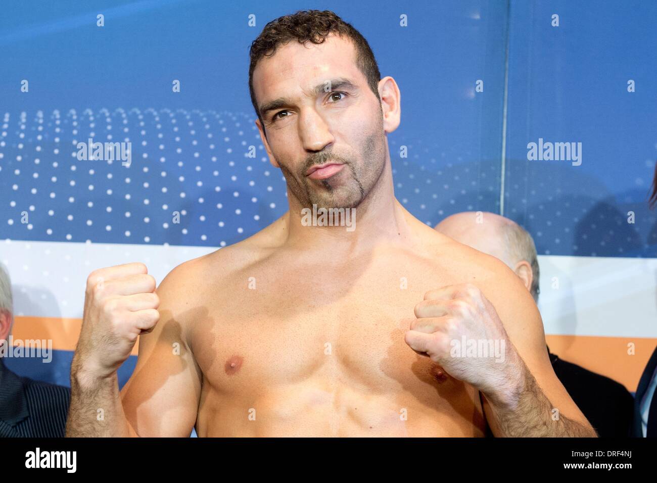 Stuttgart, Germany. 24th Jan, 2014. Boxer Firat Arslan poses during the official weighing in Stuttgart, Germany, 24 January 2014. The WBO Cruiserweight Championship bout against Marco Huck will take place on 25 January. Photo: SEBASTIAN KAHNERT/dpa/Alamy Live News Stock Photo