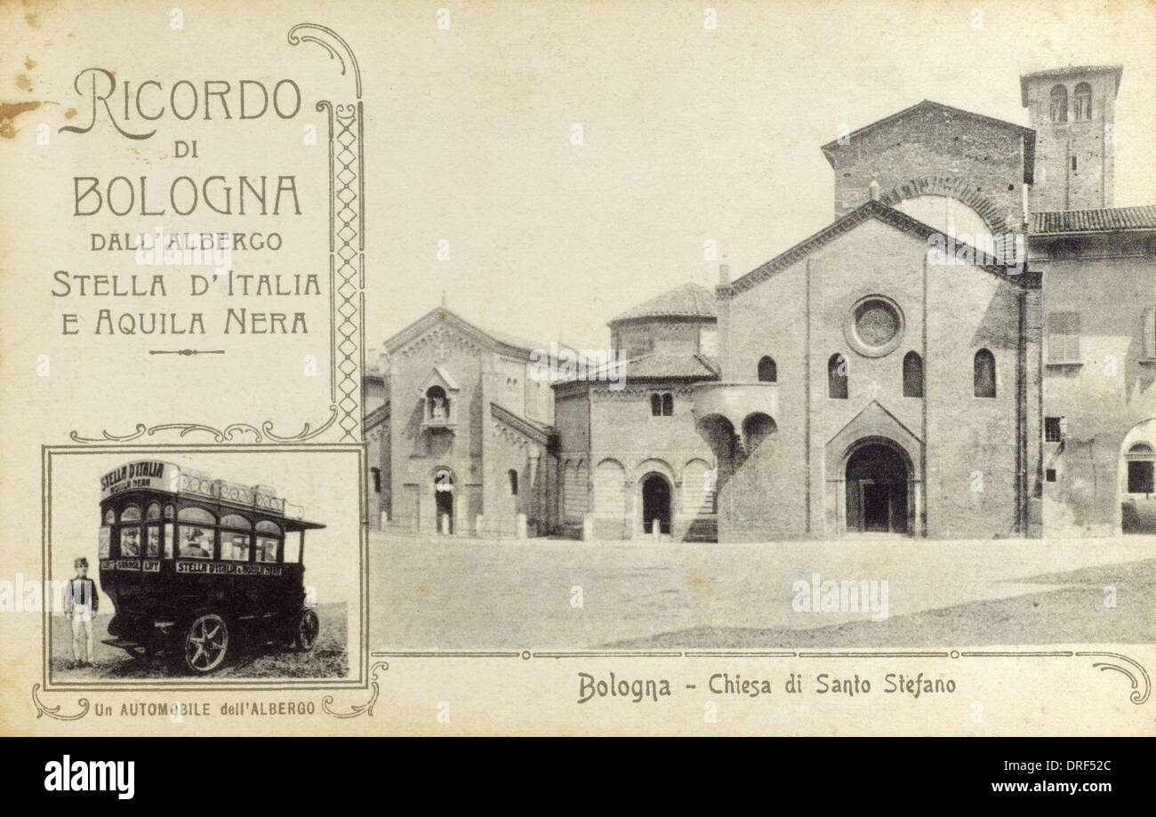 Bologna, Italy - Chiese di Santo Stefano & Tour Bus Stock Photo