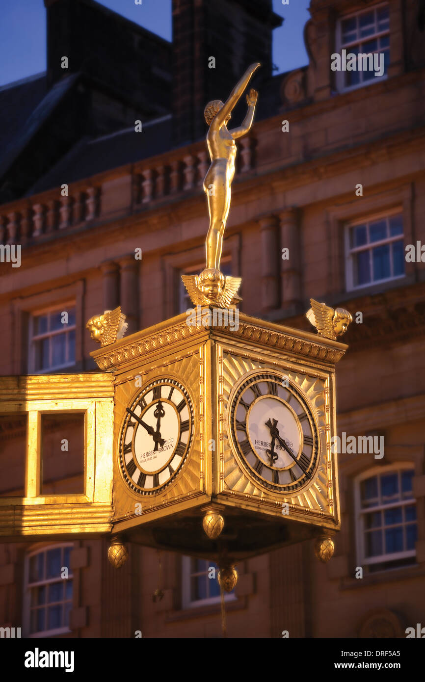 Gold Clock on Westgate Road, Newcastle Architecture, at night Stock