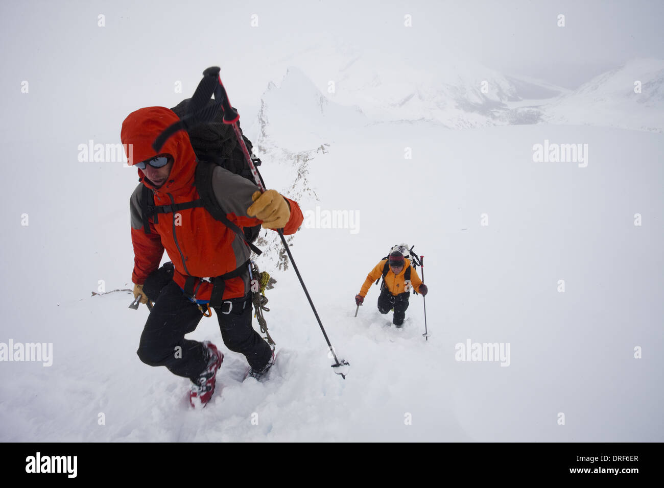 Alberta Canada. Two skiers ascend slope on cloudy snowy day Canada Stock Photo