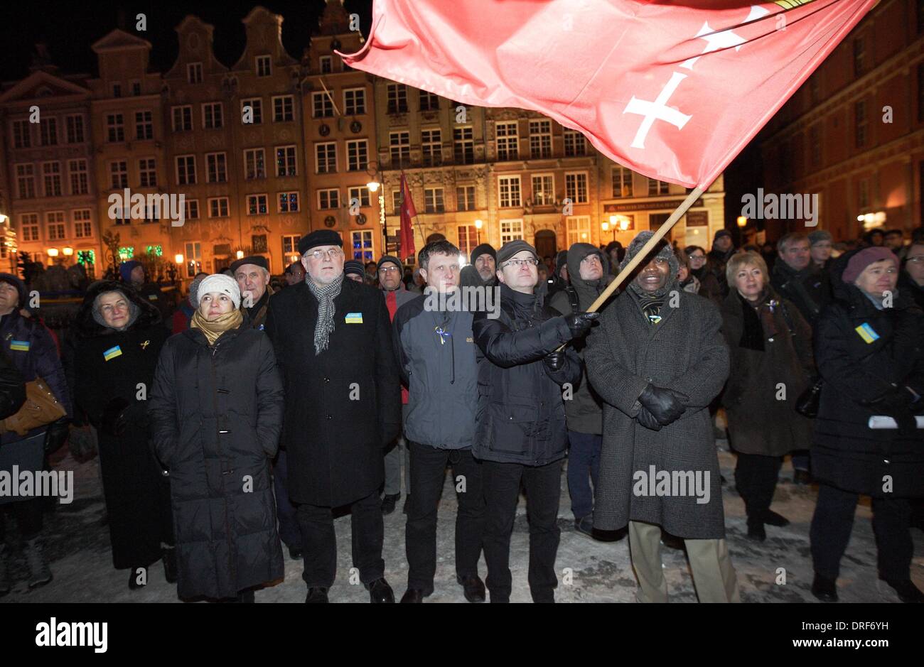 Gdansk, Poland 24th, January 2014 Pro Ukrainian rally in Gdansk to support opposition protesters on Euromaidan in Kiev. Gdansk citizens and Ukrainians living in Poland hold  supporting banners and Ukrainian flags. Credit:  Michal Fludra/Alamy Live News Stock Photo