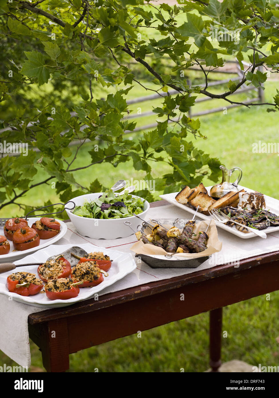 Maryland USA buffet table set up in garden Salads buffet Stock Photo