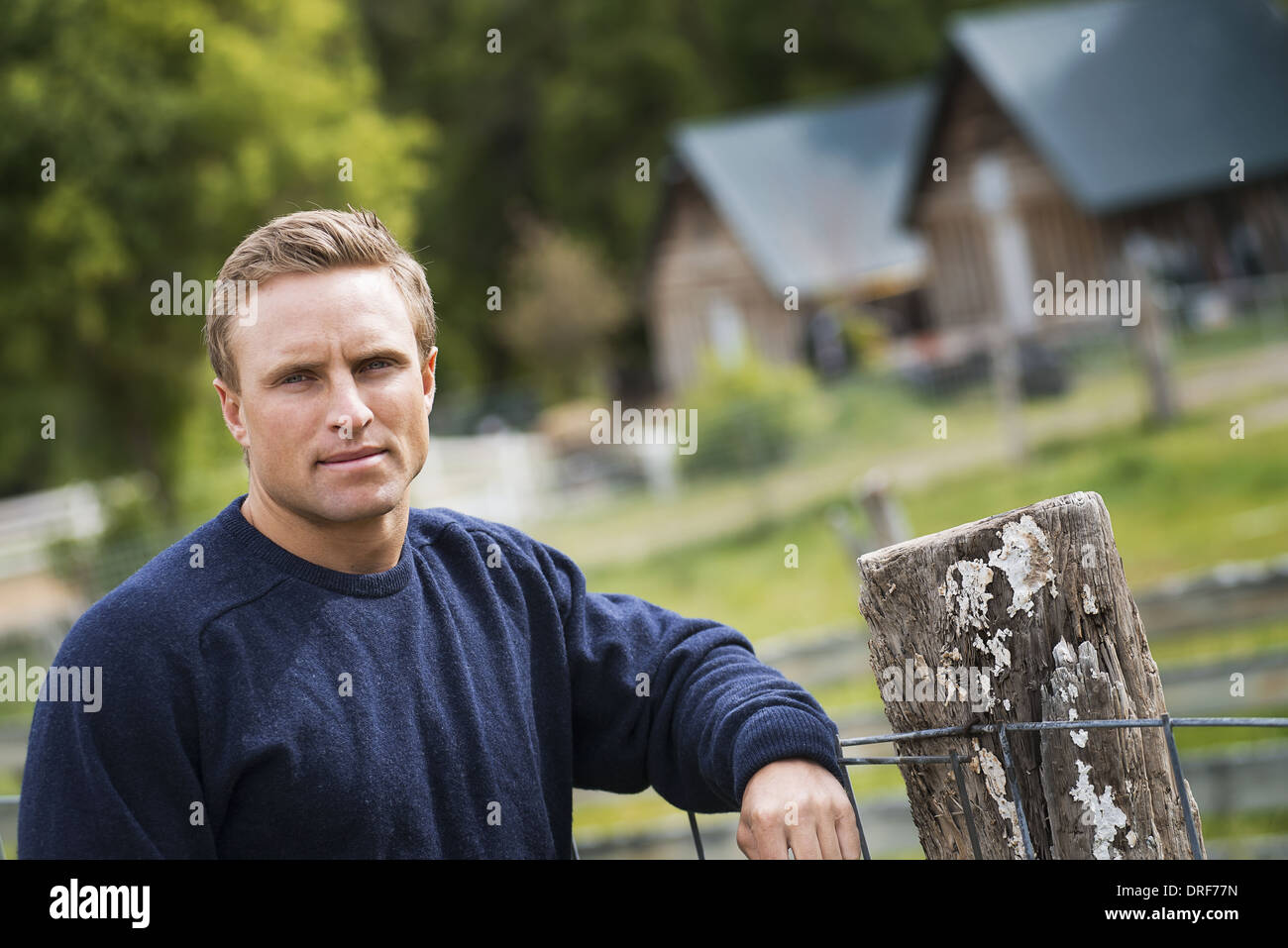 Utah USA man with blue jumper at home on his property Stock Photo