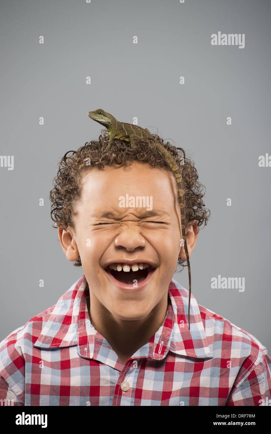 Utah USA boy with lizard with long tail crawling on head Stock Photo