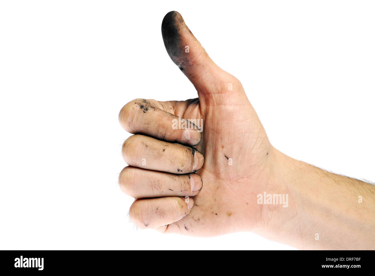 Dirty hand of a man with thumbs up Stock Photo