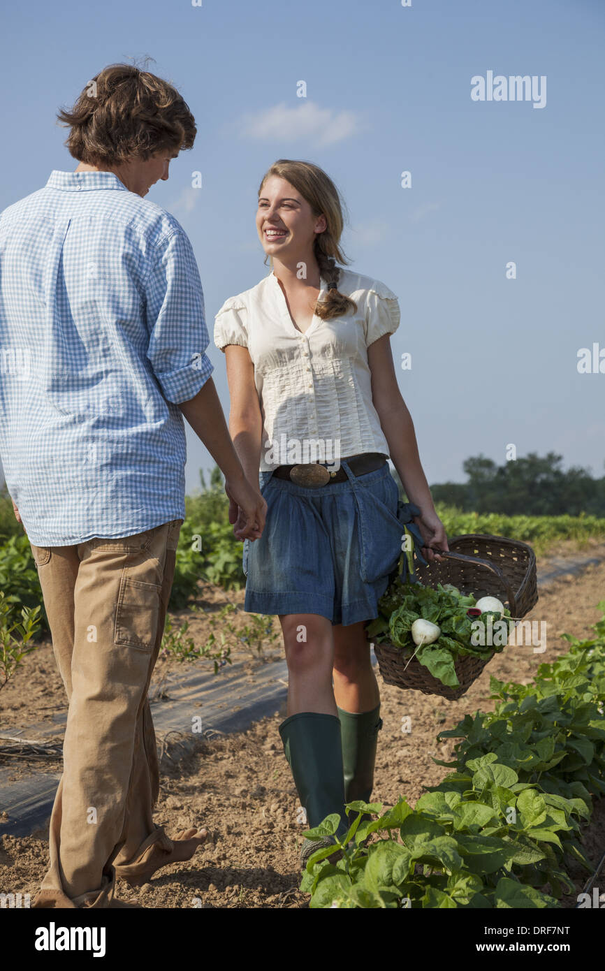 Maryland USA girl boy holding hand field growing produce Stock Photo