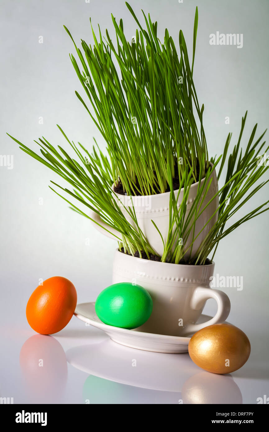 Easter eggs with fresh green grass. Holiday composition Stock Photo