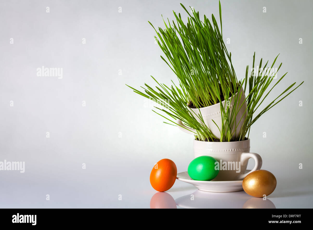 Easter eggs with green grass. Holiday composition with copy space Stock Photo