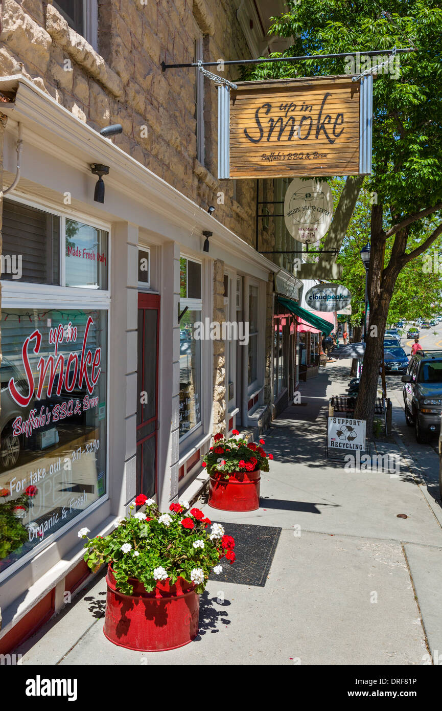 Shops and restaurants on Main Street in historic downtown Buffalo, Wyoming, USA Stock Photo