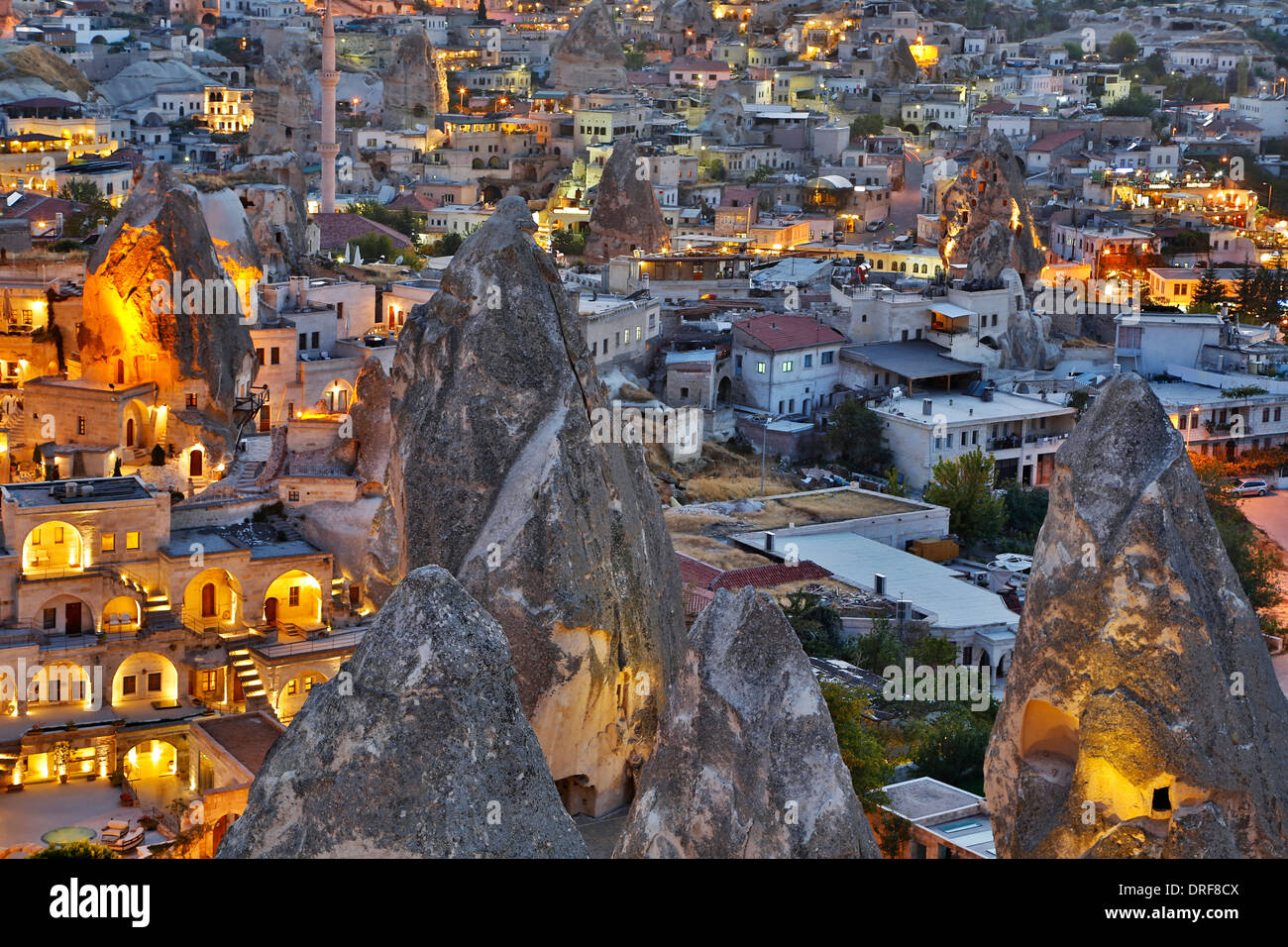 Fairy chimneys and Goreme, Cappadocia, Turkey Stock Photo