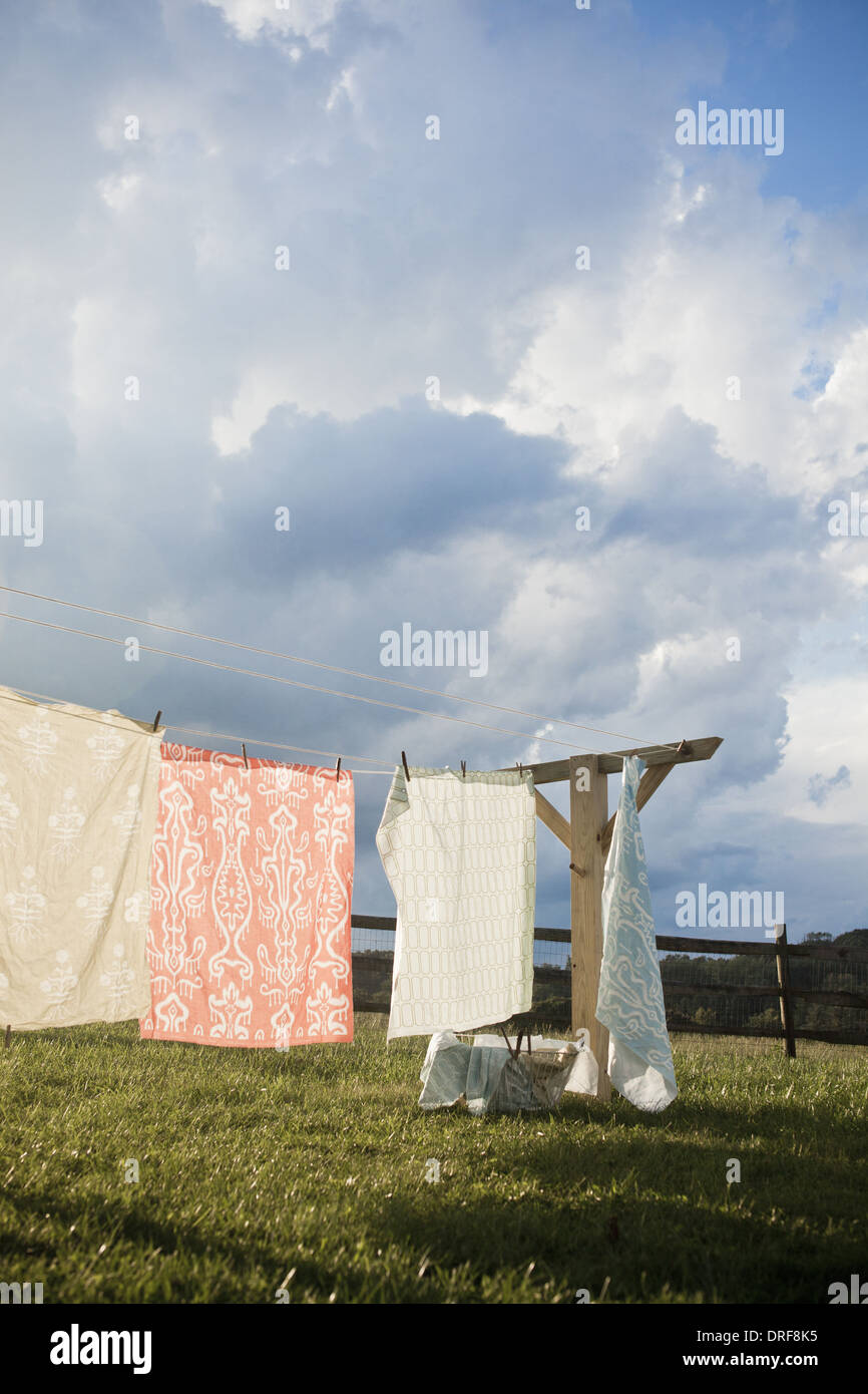 Maryland USA washing line with household linens hung out Stock Photo