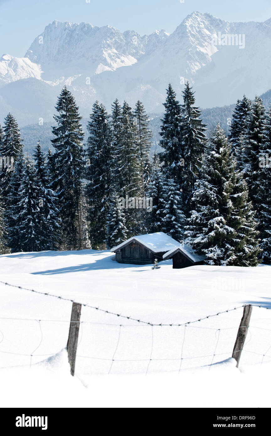 Log Cabins In Winter Landscape Garmisch Bavaria Germany Stock