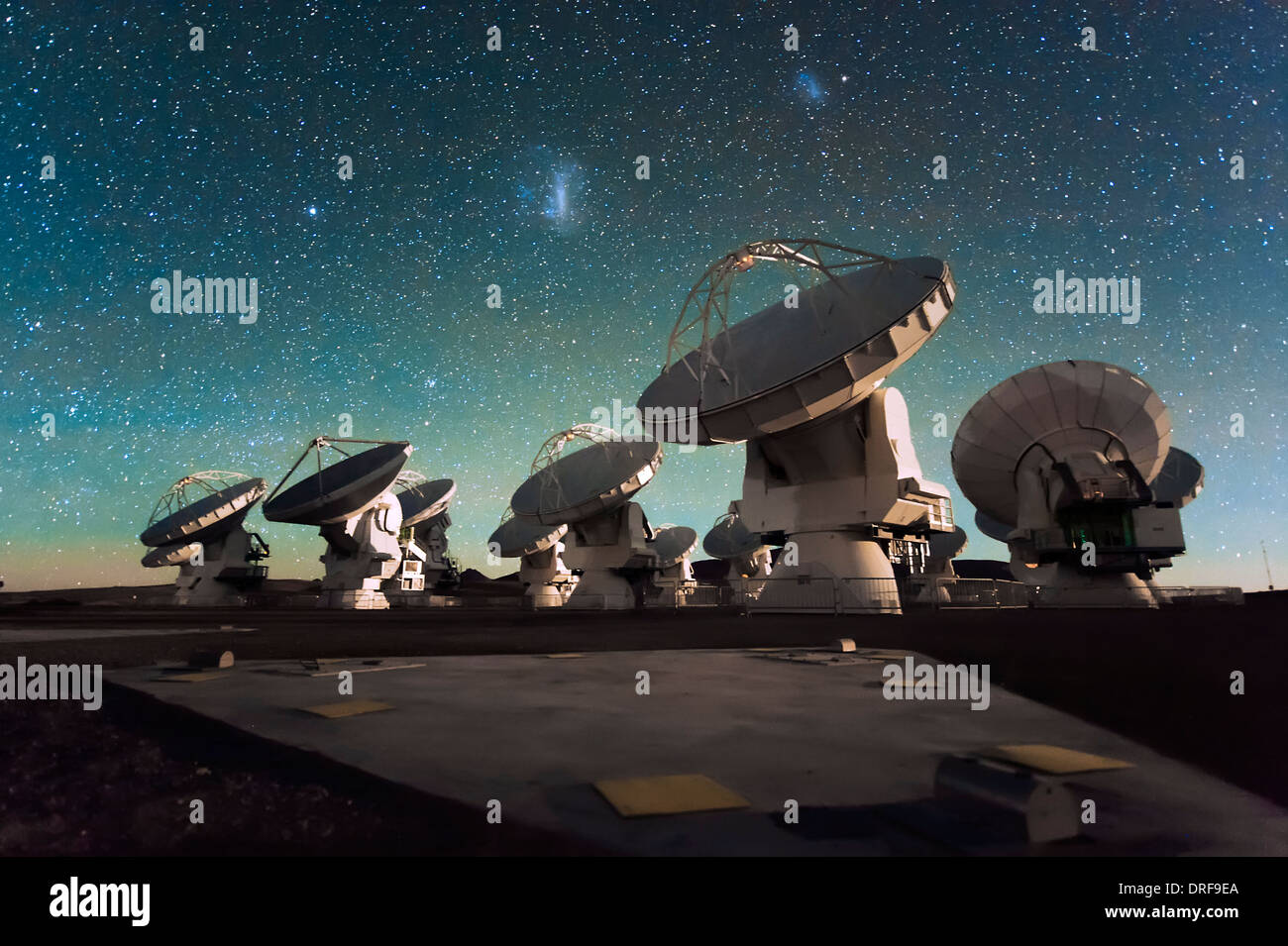 Antennas of the Atacama Large Millimeter/submillimeter Array (ALMA), on the Chajnantor Plateau in the Chilean Andes. Stock Photo